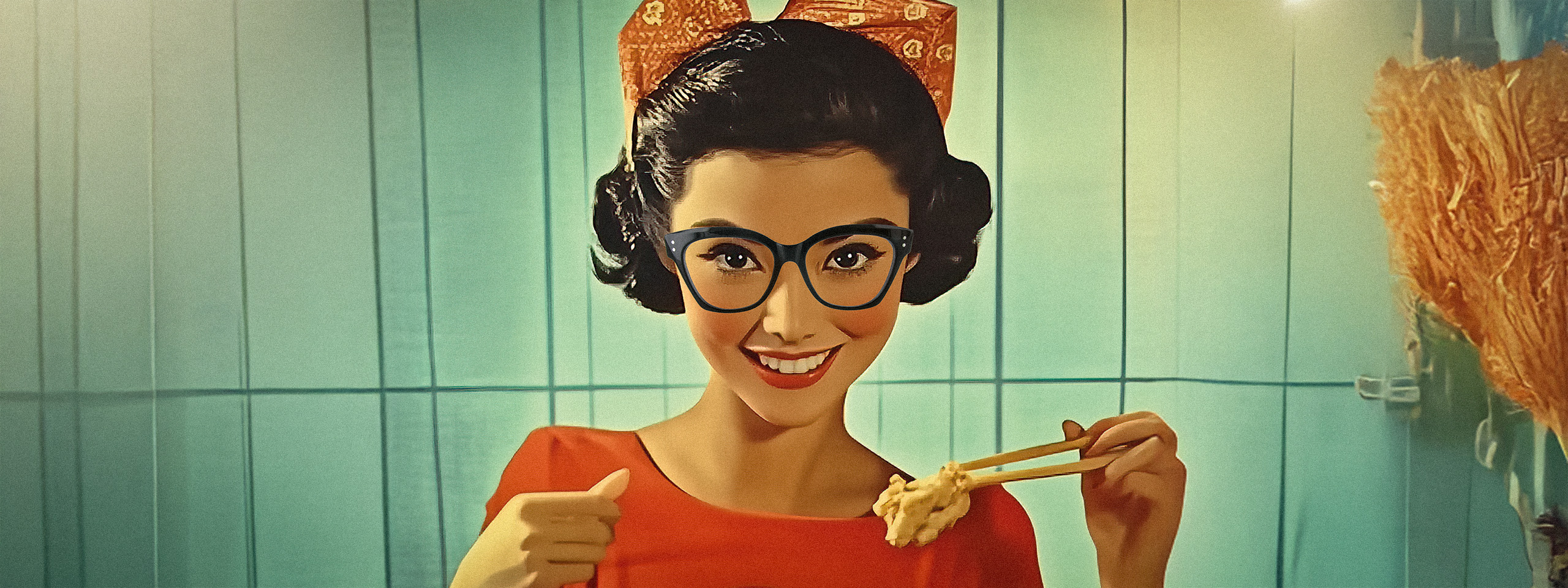 Funk Food: Comic-Frau mit Brille isst mit Stäbchen